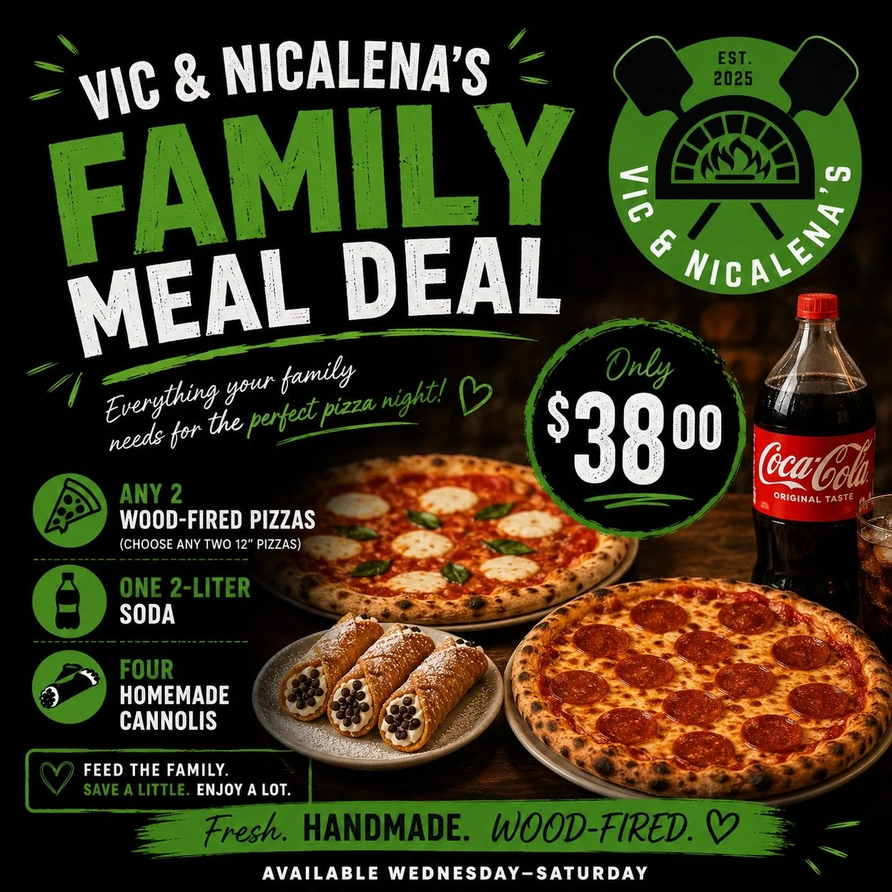 Dinner solved.

🍕 2 Wood-Fired Pizzas

🥤 2-Liter Soda

🍰 4 Homemade Cannolis

Only $38

Perfect for family night, movie night, or just because nobody feels like cooking.

#Woodfiredpizza #FamilyDeals #Pizzaanddessert #Ktown #Pittsburgh

Wood-Fired