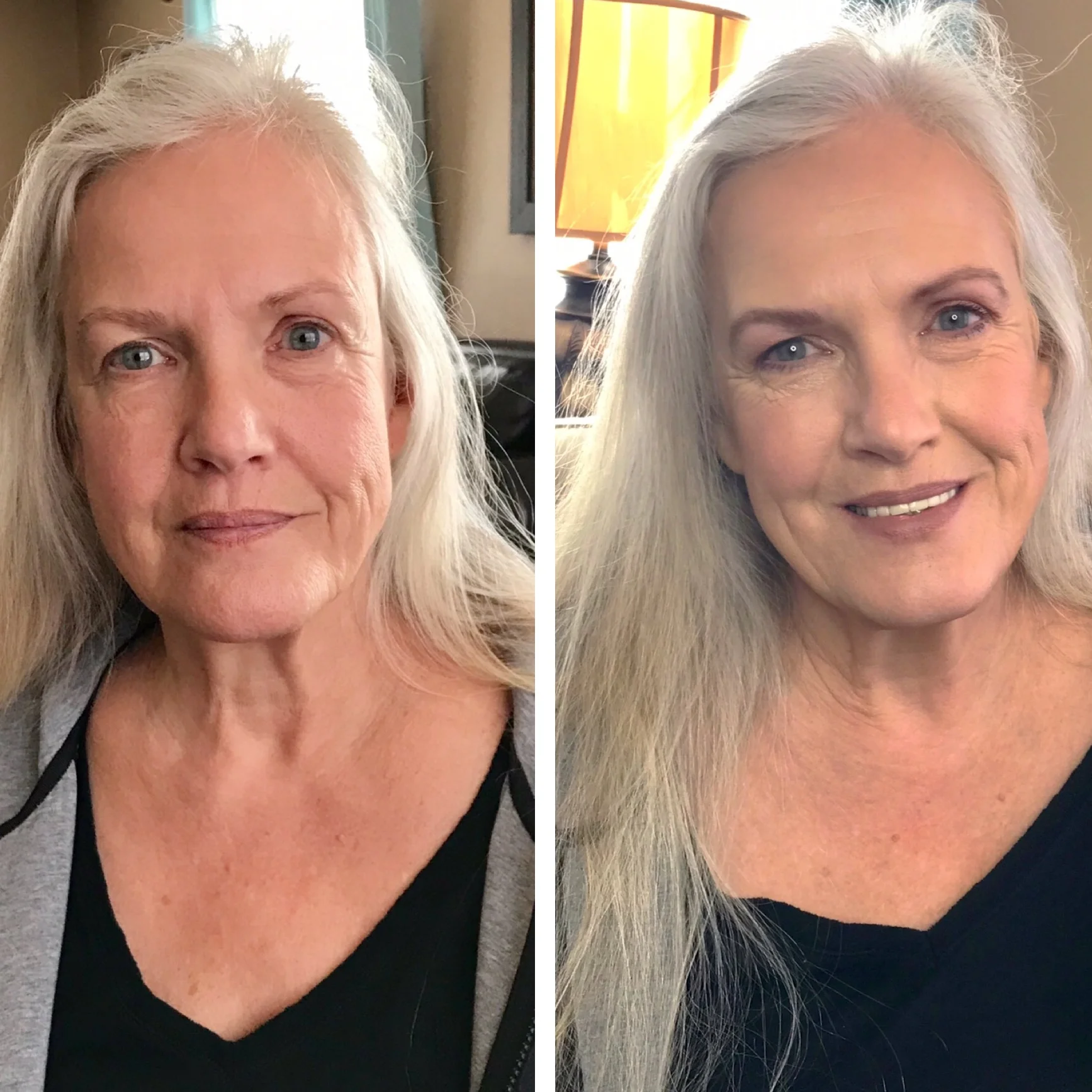 deb…i could not wait to do deb’s makeover because she’s stunning already and i love her hair color…wanted to see how some of my berry colors would look against that blond silver backdrop. Amber & aura highlight, olive contour, pearl illuminator, nude lips & cheeks. eyes: crush, lullaby & tawanda.