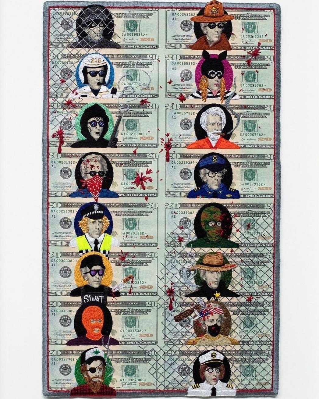 Cops &amp; Robbers, 2022, hand stitched on uncut sheet of US twenties, 27 x 18.5 in