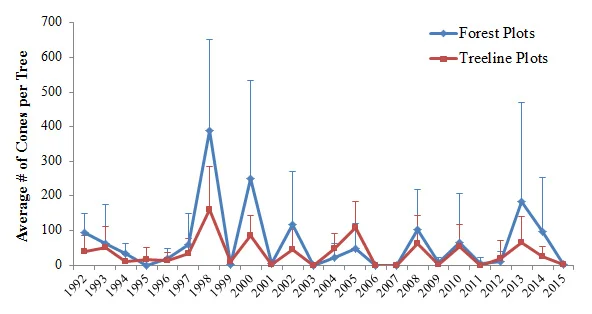 This shows how the numbers of cones vary from year to year (data from NRC website) - mast years are pretty obvious but also note that the number of cones goes down to zero in intervening years.