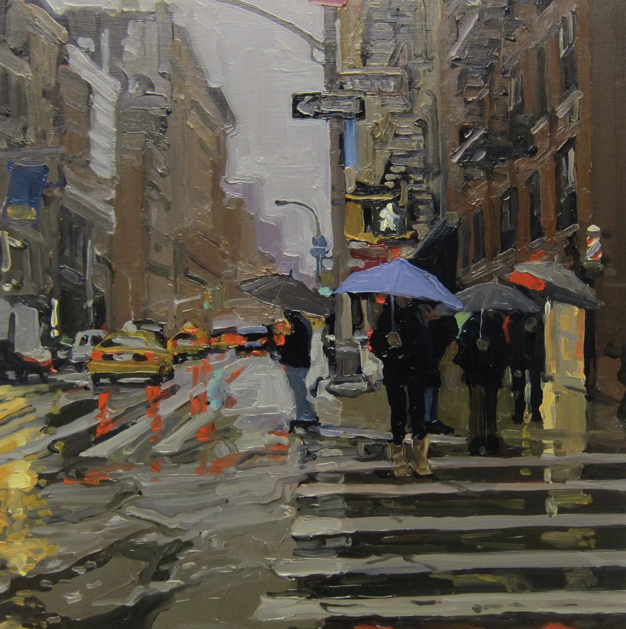 Purple Umbrella in the Rain, oil on panel, 14x14