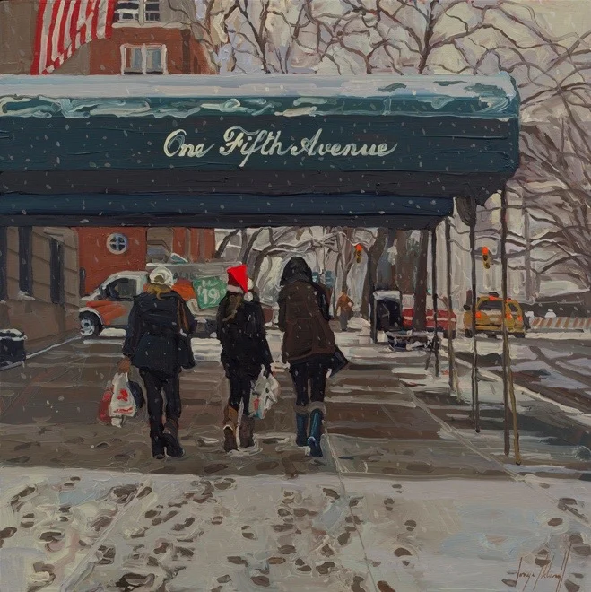 One Fifth Avenue Snow, oil on panel, 20x20