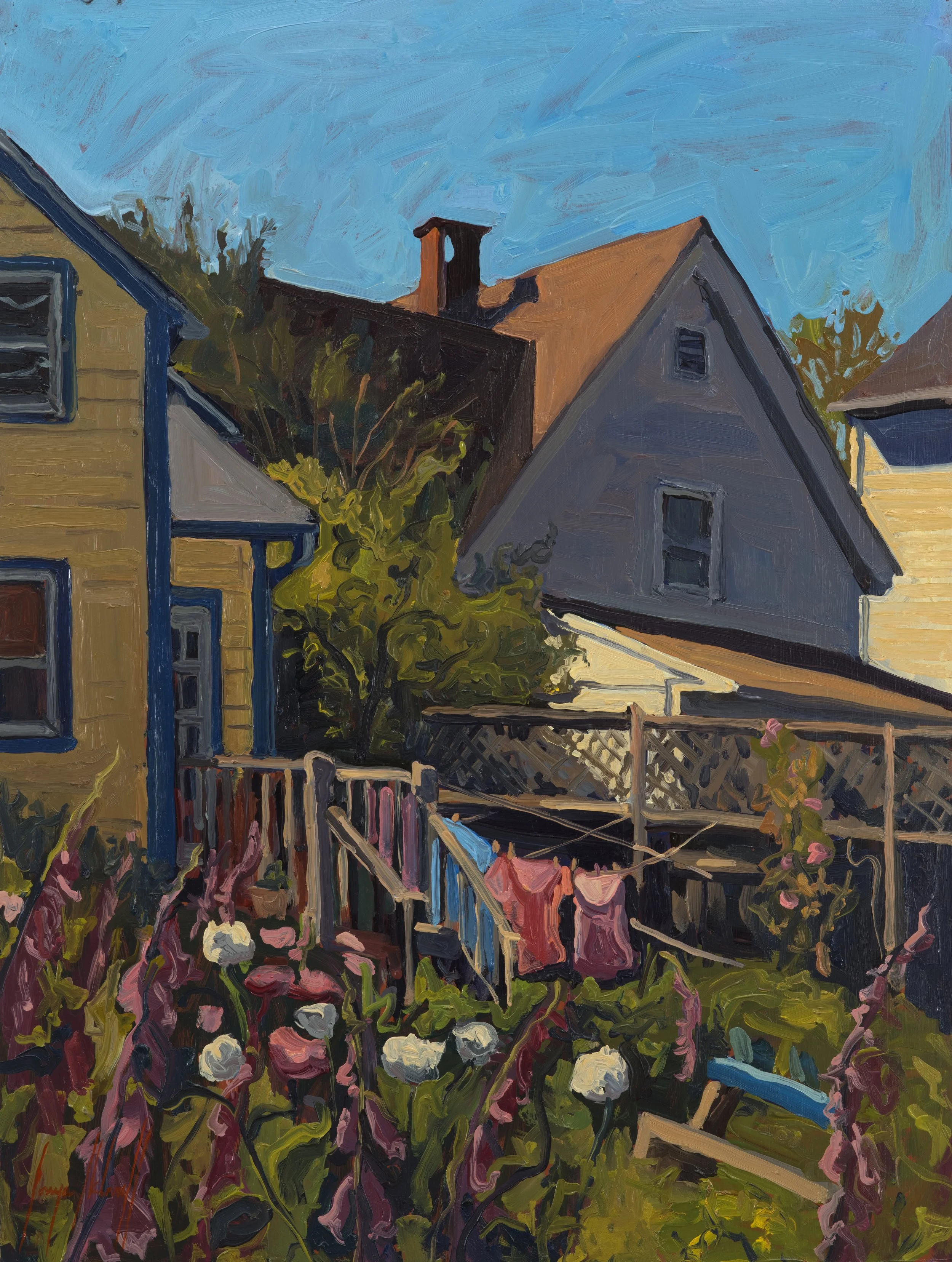 Foxgloves and Peonies with Laundry, oil on panel, 24x18
