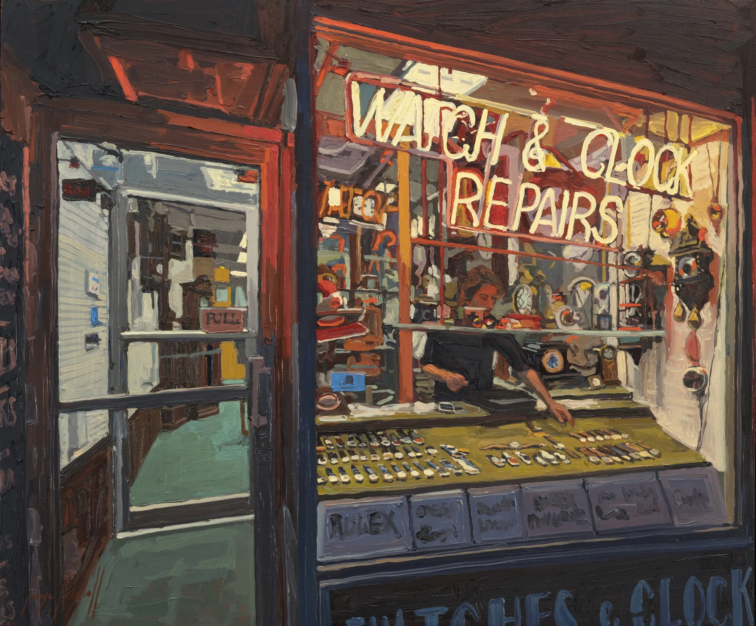 Watch & Clock Repairs, oil on panel, 30x40
