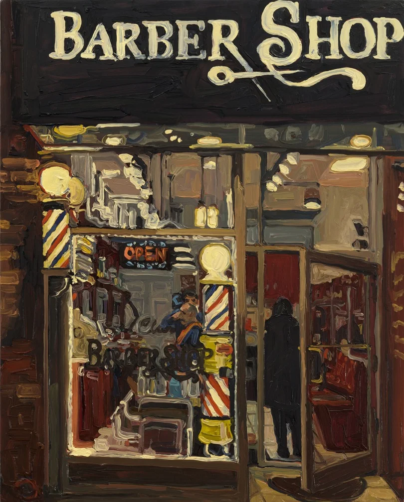 20th Street Barber Shop, oil on panel, 20x16