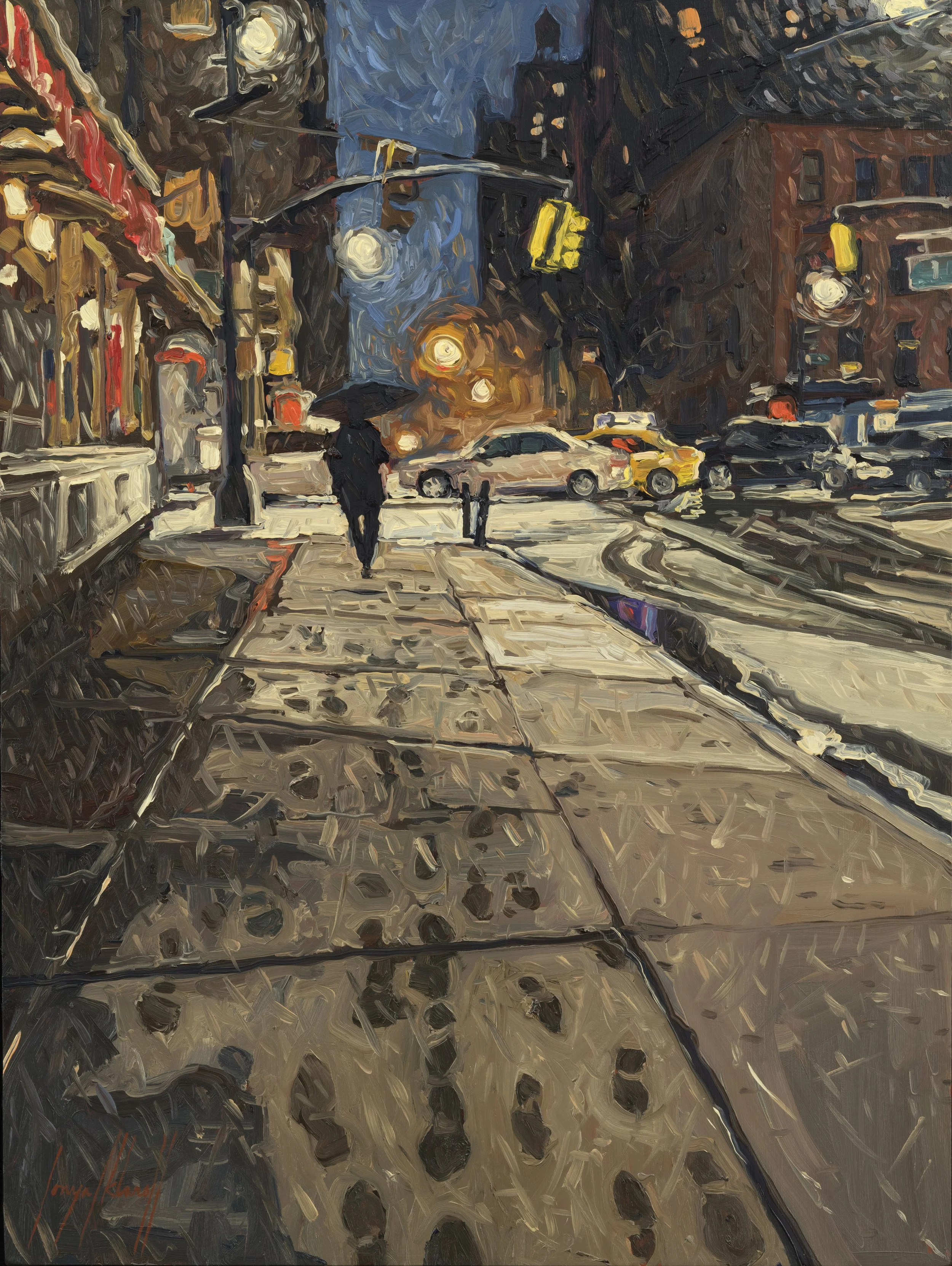 Midtown East Snow at Night, oil on panel, 24x18