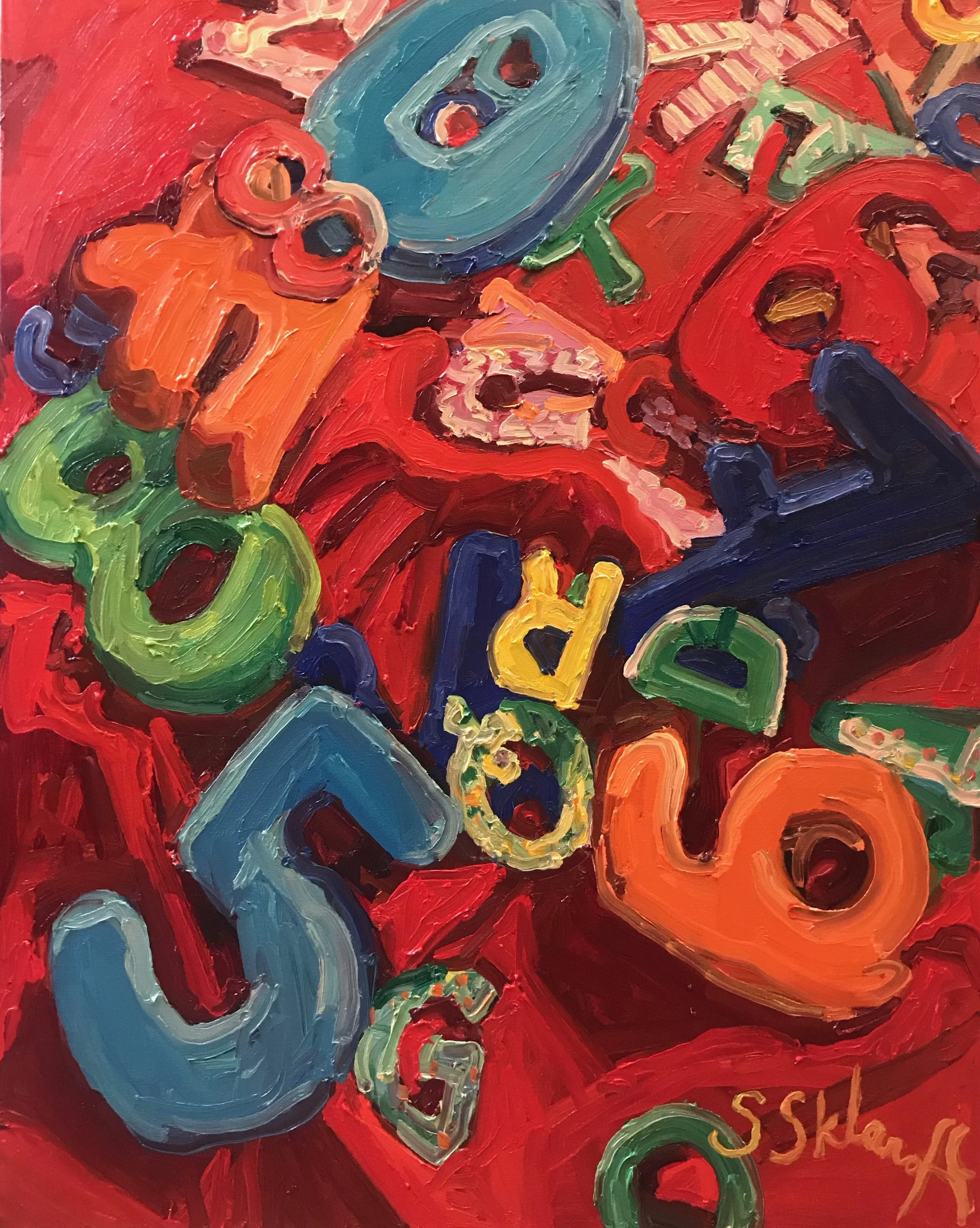 Numbers and Letters Through and Beyond on Red, on canvas, 36x24