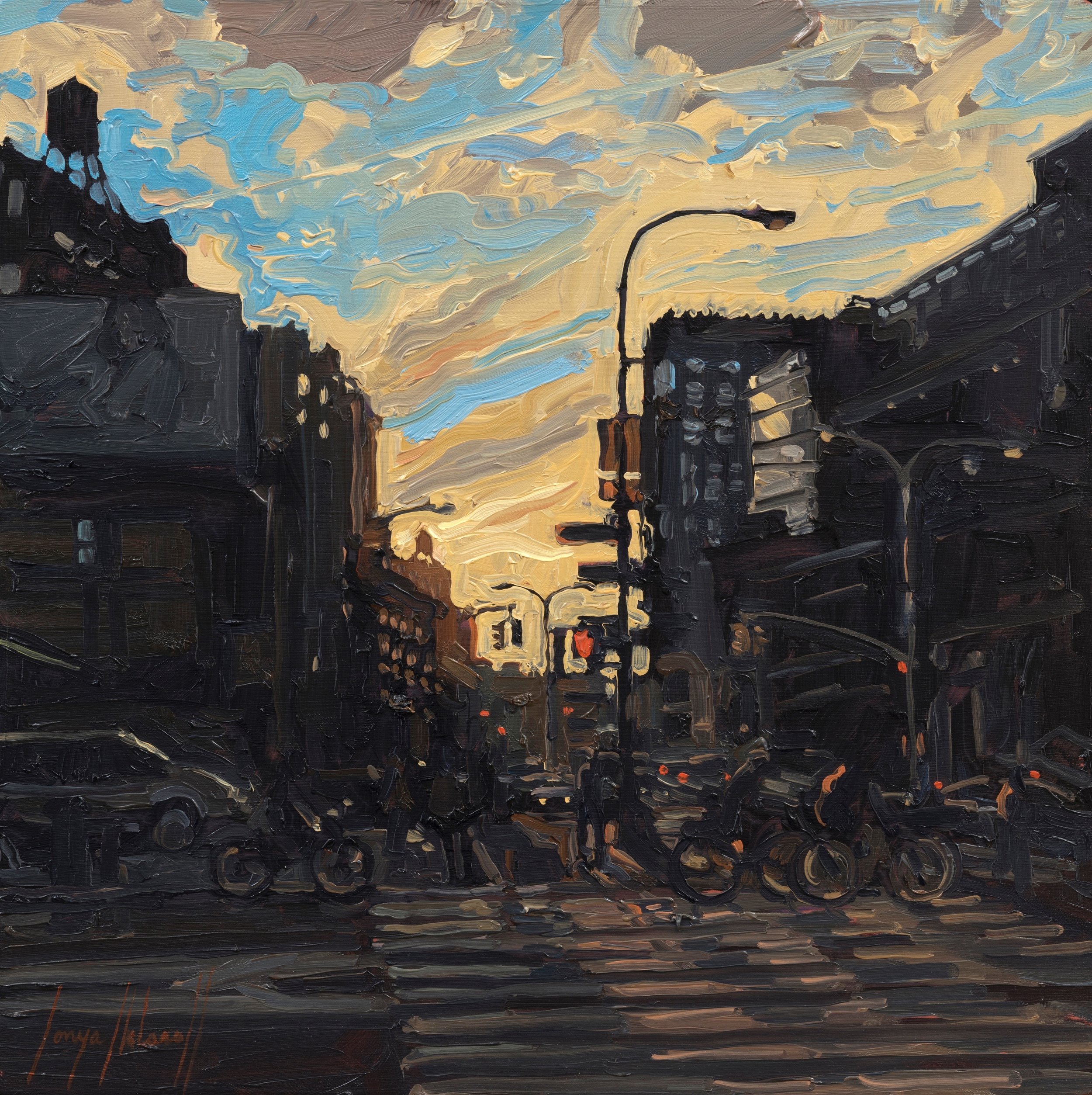   Bicycles Crossing,  oil on panel, 14×14 