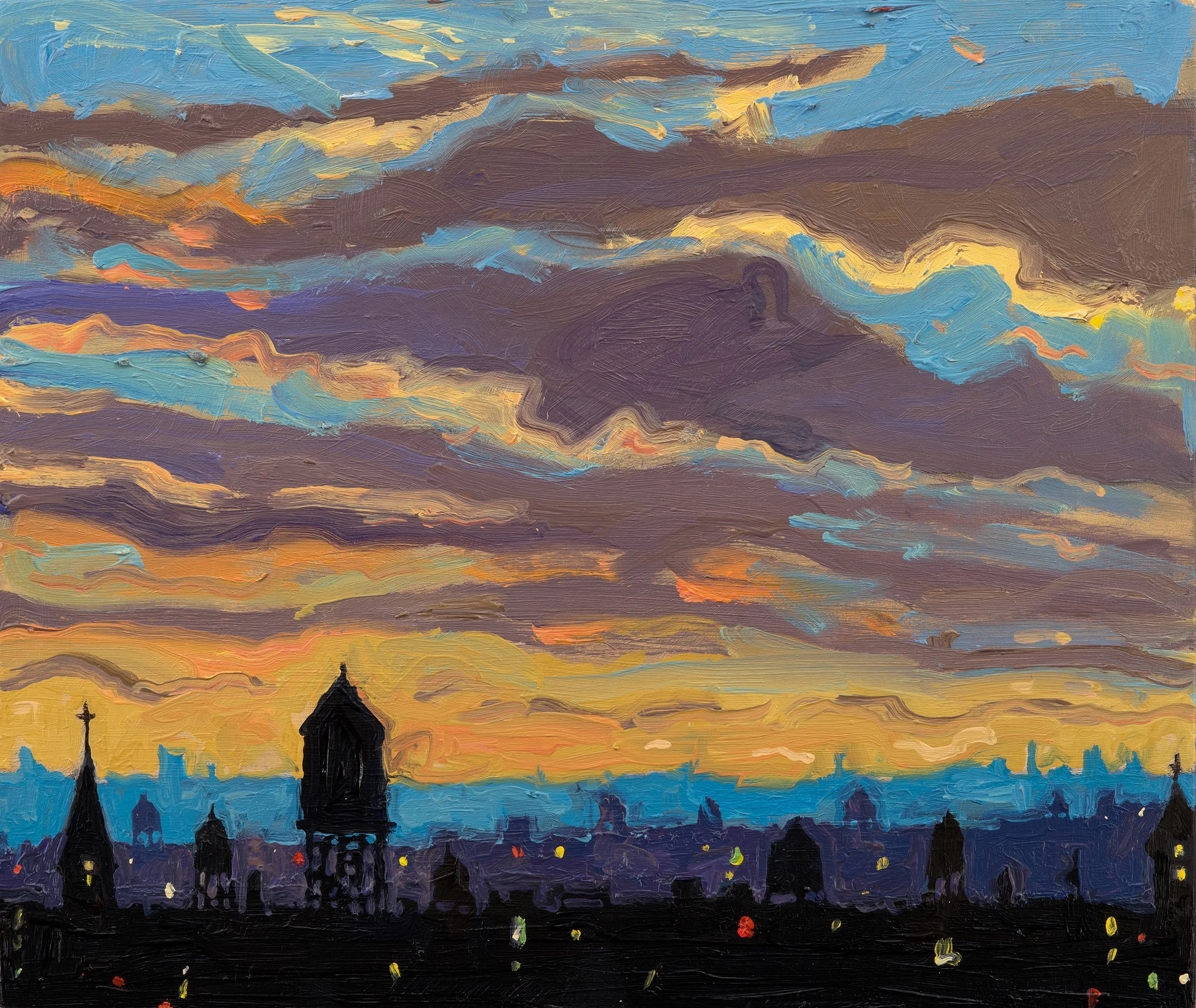 Water Tower and Church in the Afternoon, oil on panel, 10×12