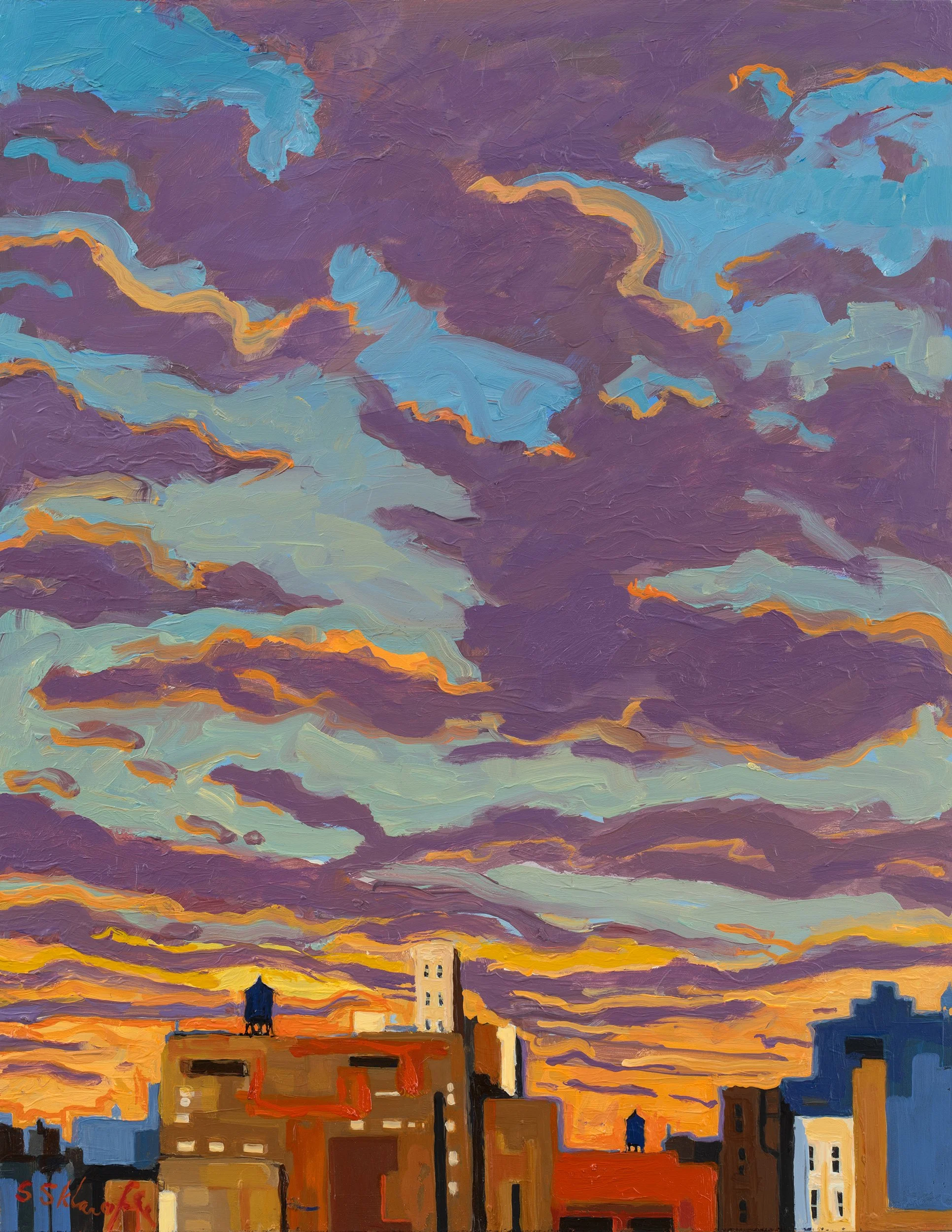East Side Water towers and clouds, oil on panel, 18×14