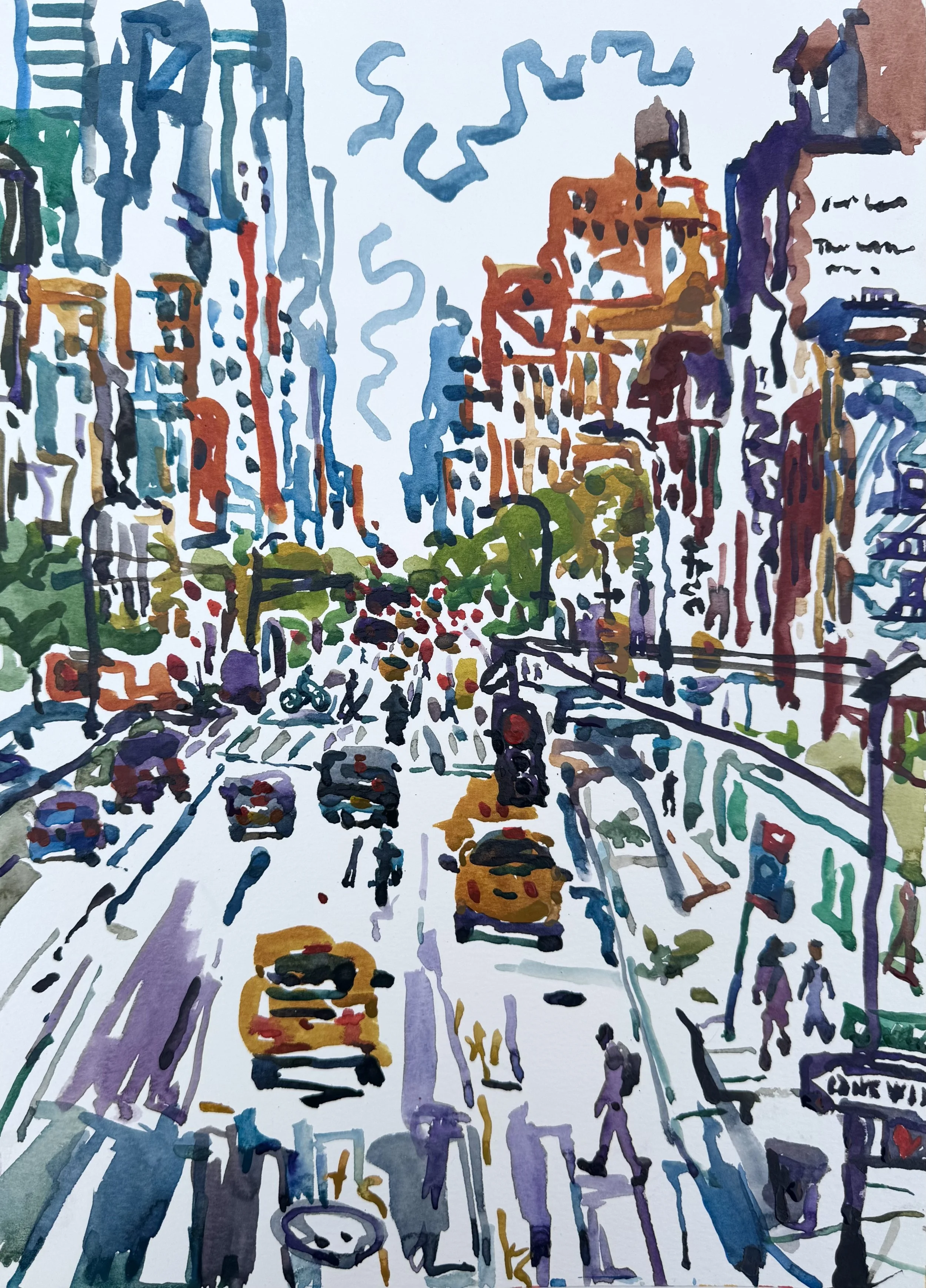   Highline Traffic in the fall , watercolor on paper, 15×11 inches 