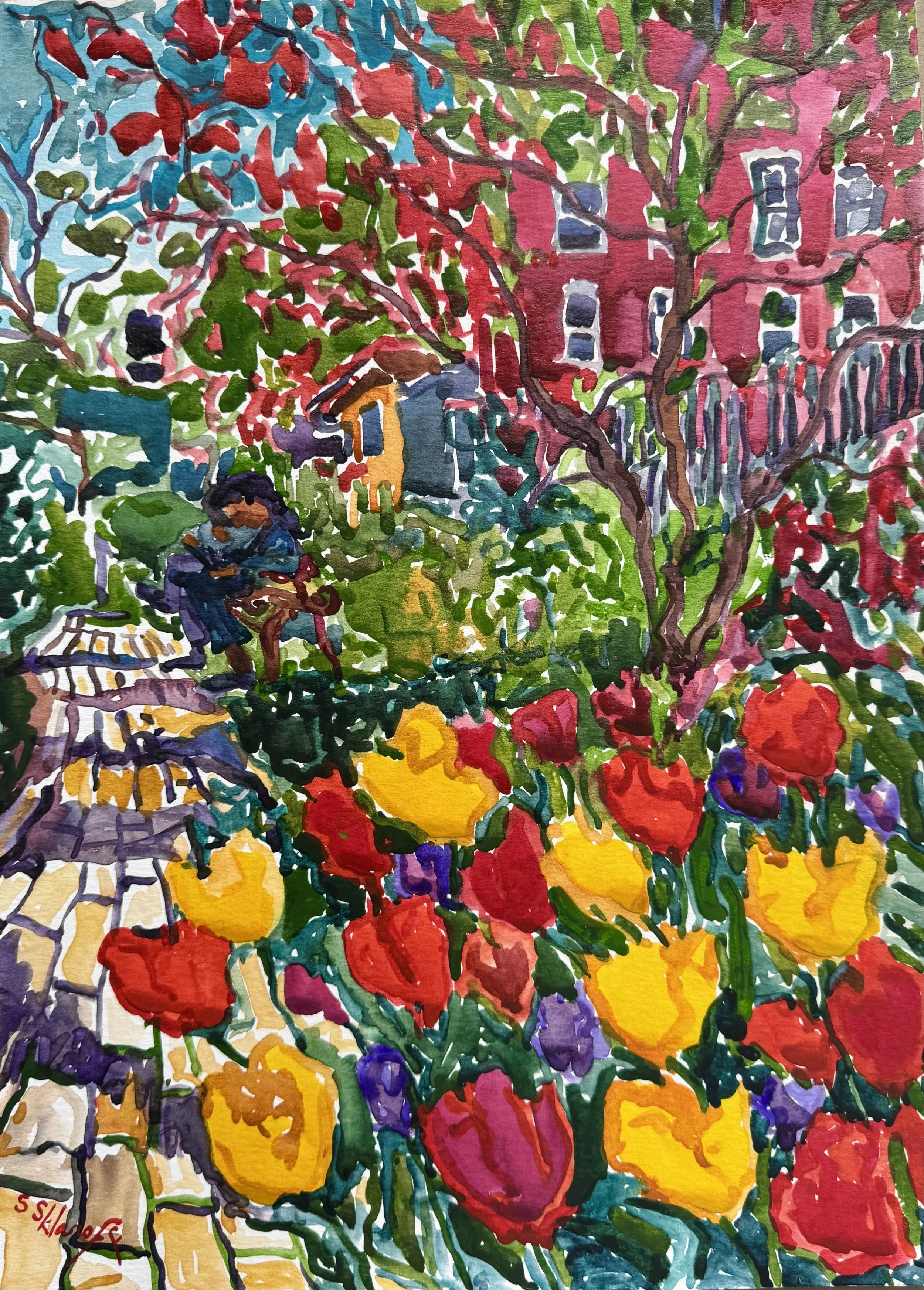   Jefferson Market Garden Tulips , watercolor on paper, 15×11 inches, SOLD 