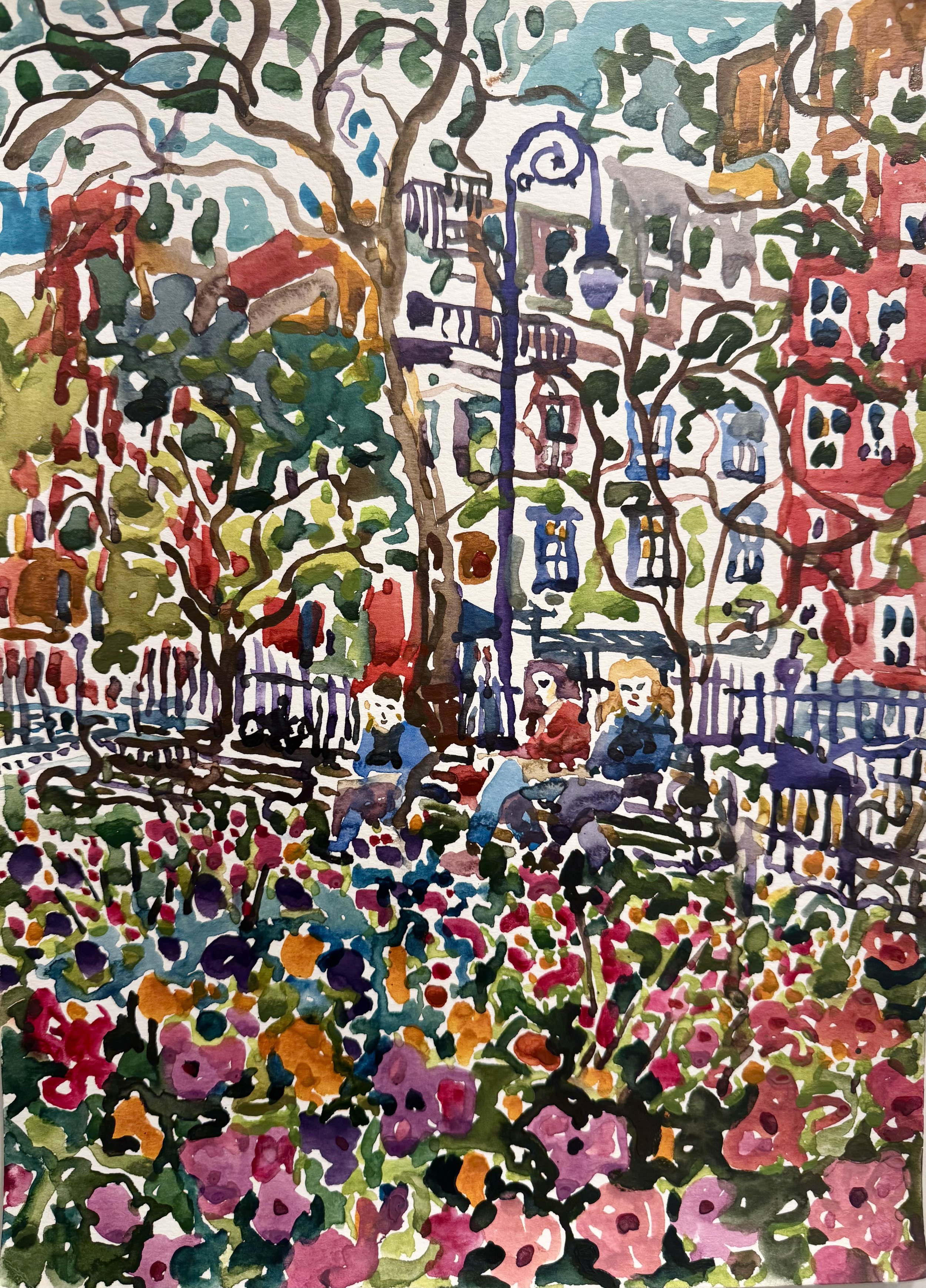   Abingdon Square Garden in Fall , watercolor on paper, 15×11 inches 