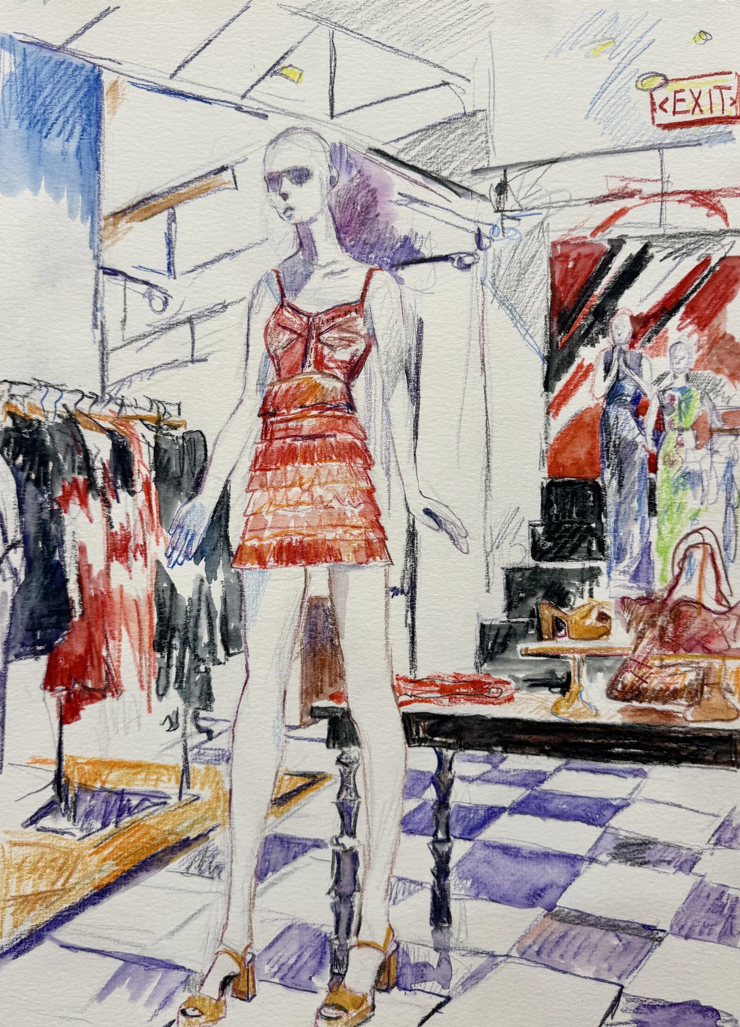   Bloomingdales fashion , watercolor on paper, 15×11 inches 