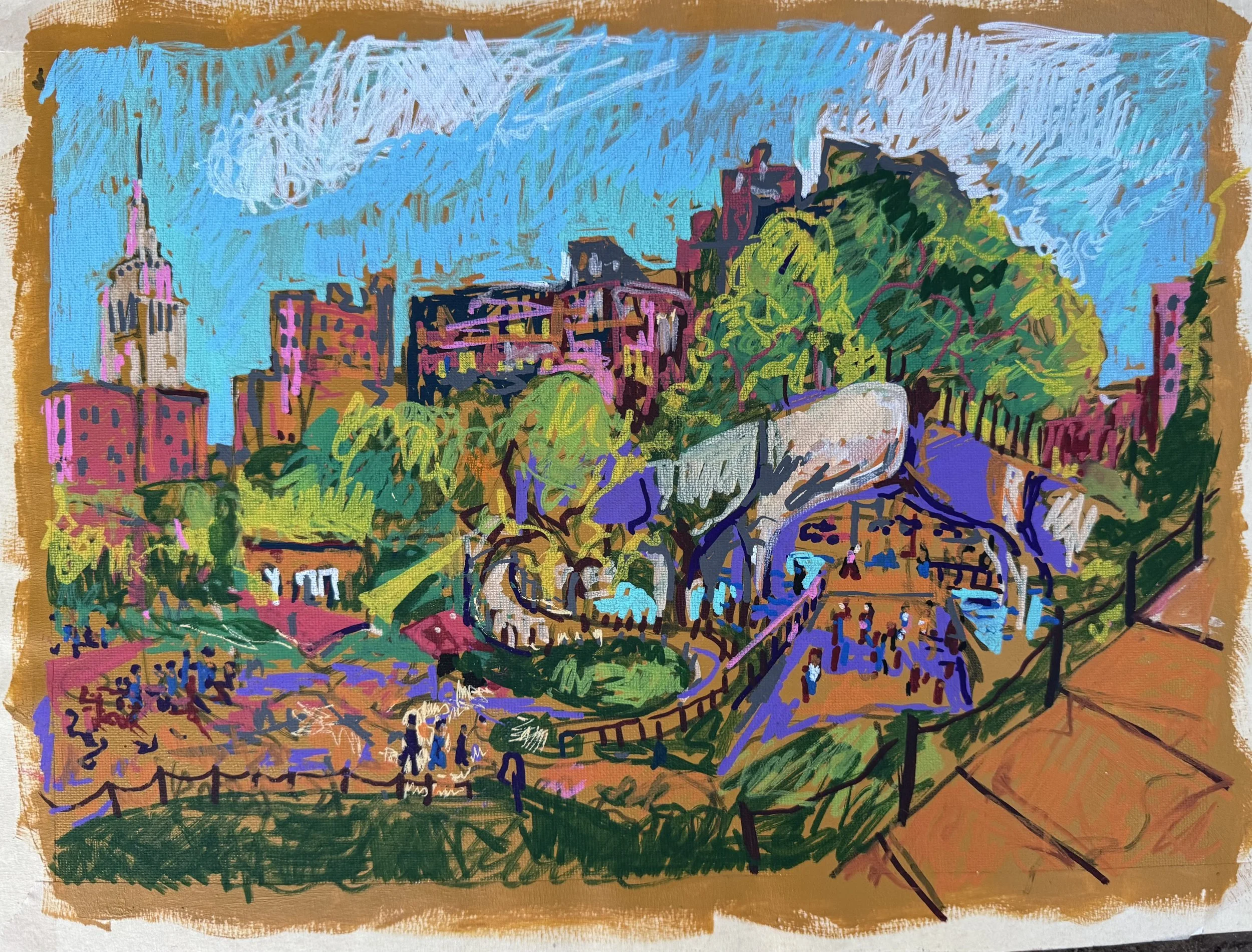   Little Island in September , acrylic paint pen on canvas, 12×16 inches 