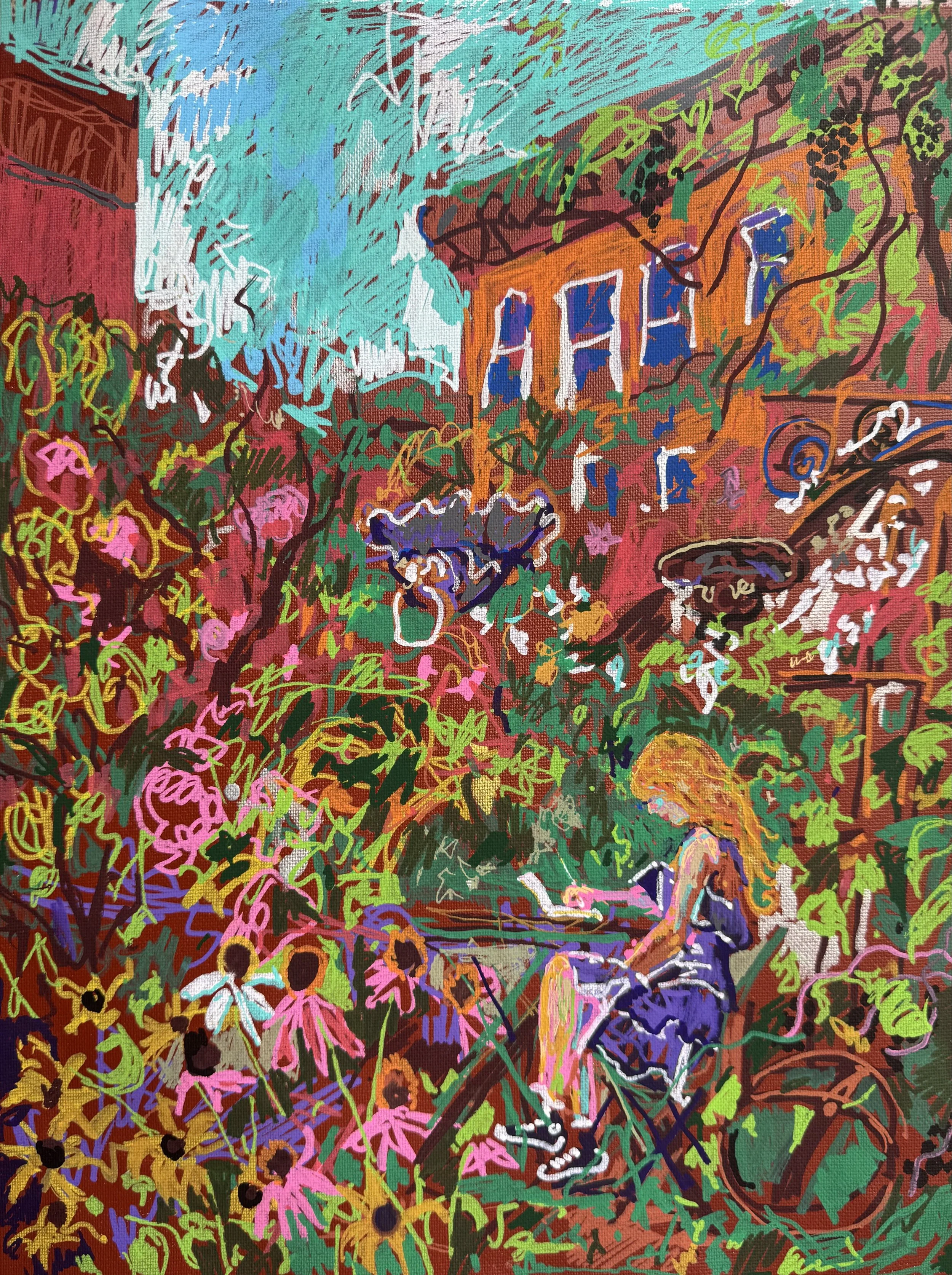   Ellis at Elizabeth Street Garden , acrylic paint pen on canvas, 16×12 inches 