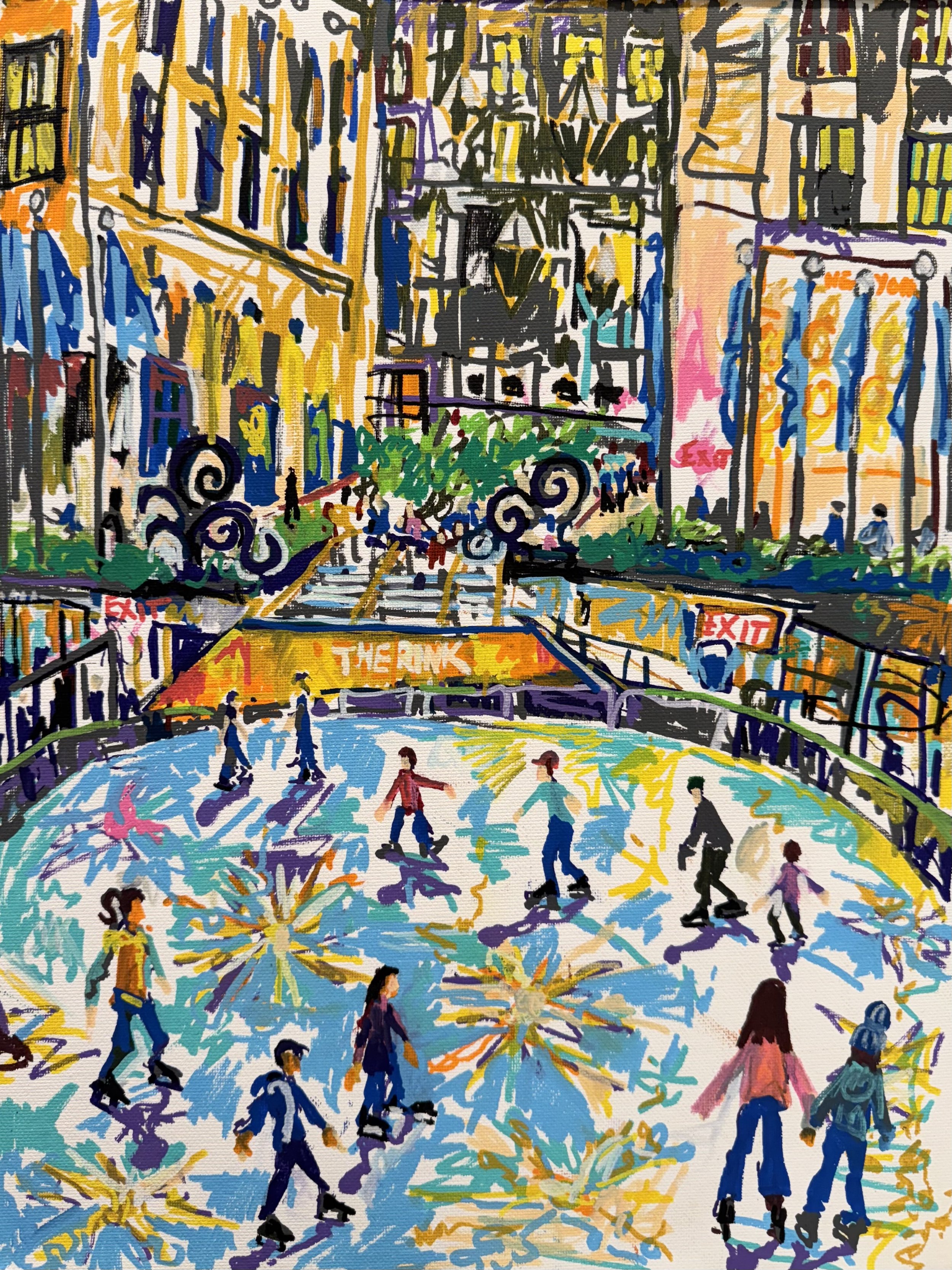   Rockefeller Center Skaterink , acrylic paint pen on canvas, 16×12 inches 