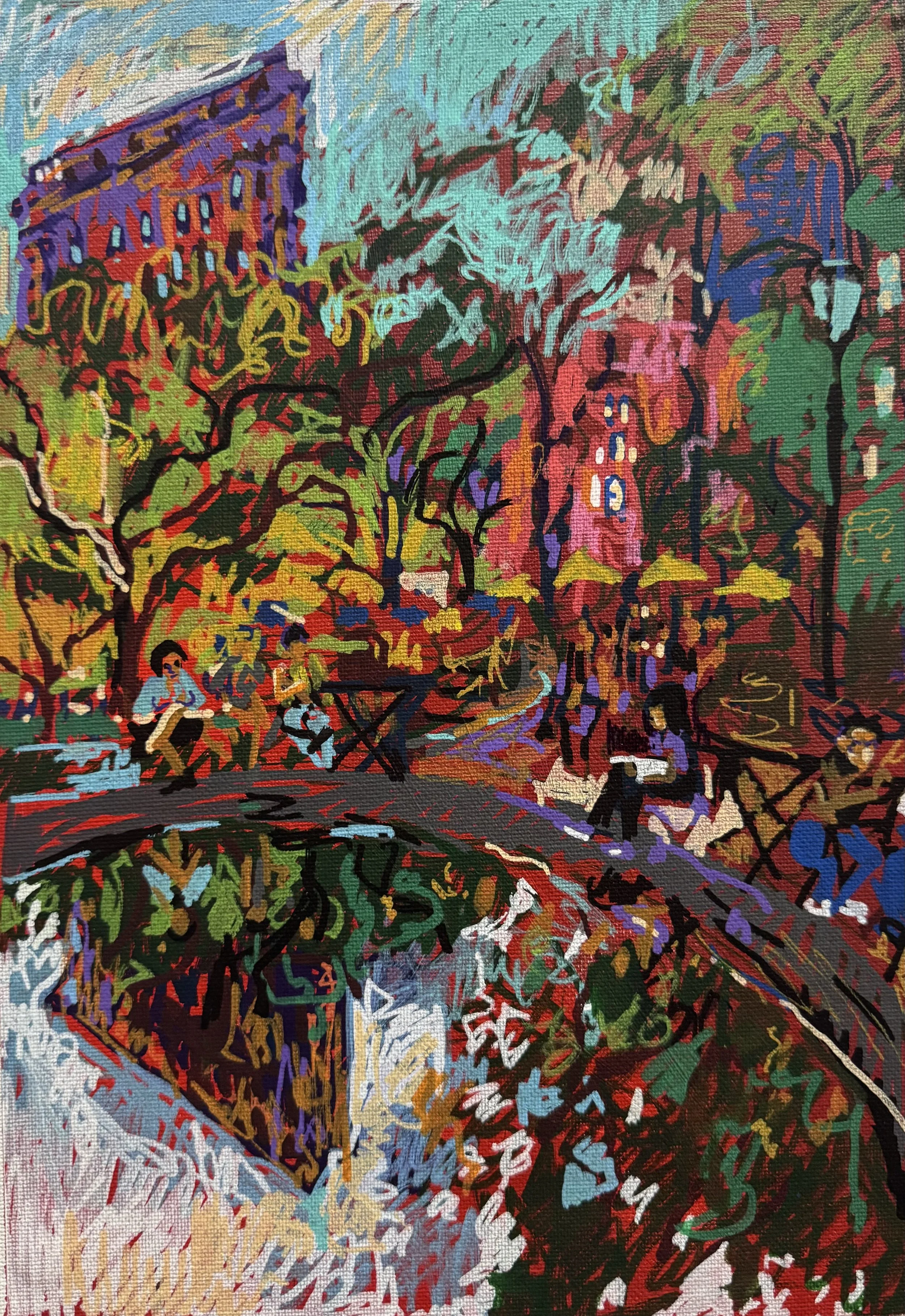   Madison Square Park reflecting pool , acrylic paint pen on canvas, 16×12 inches 