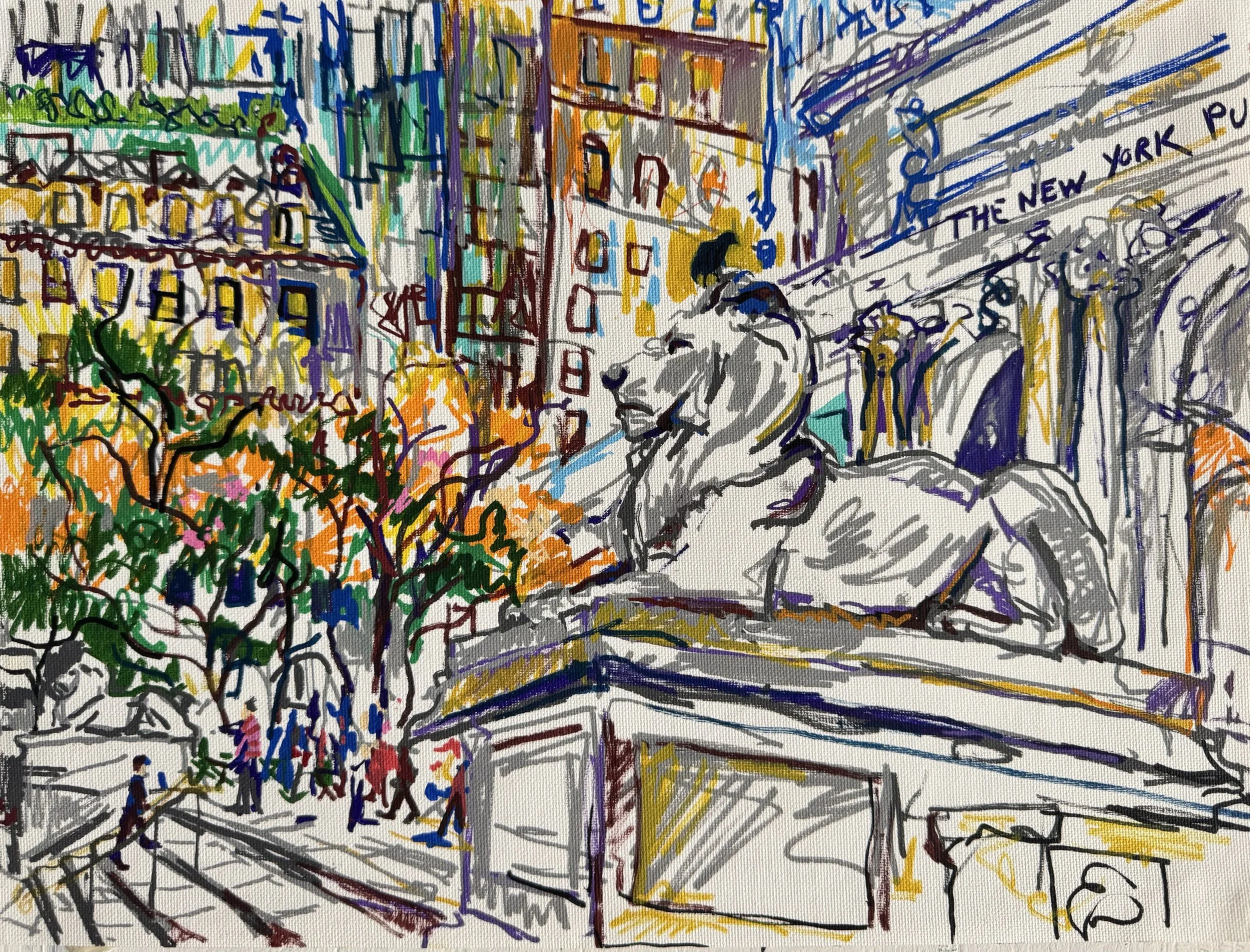   Library Lions in Autumn , acrylic paint pen on canvas, 12×16 inches 