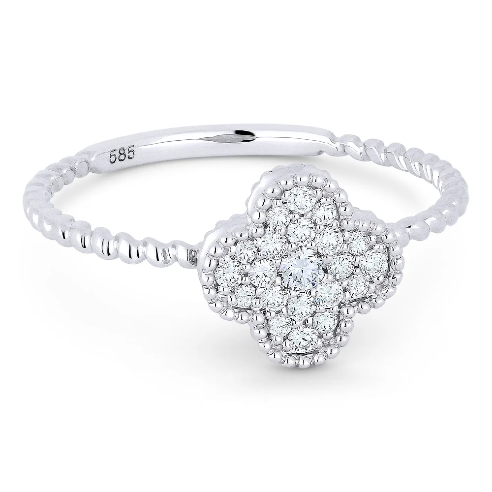 14k White Gold Diamond Pave Clover Ring 