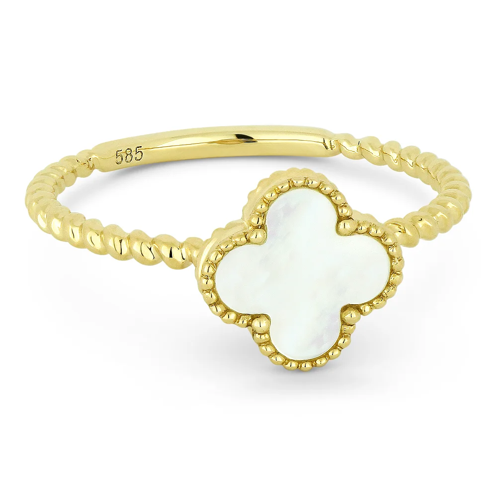 14k Yellow Gold Beaded Clover with Mother of Pearl Ring 