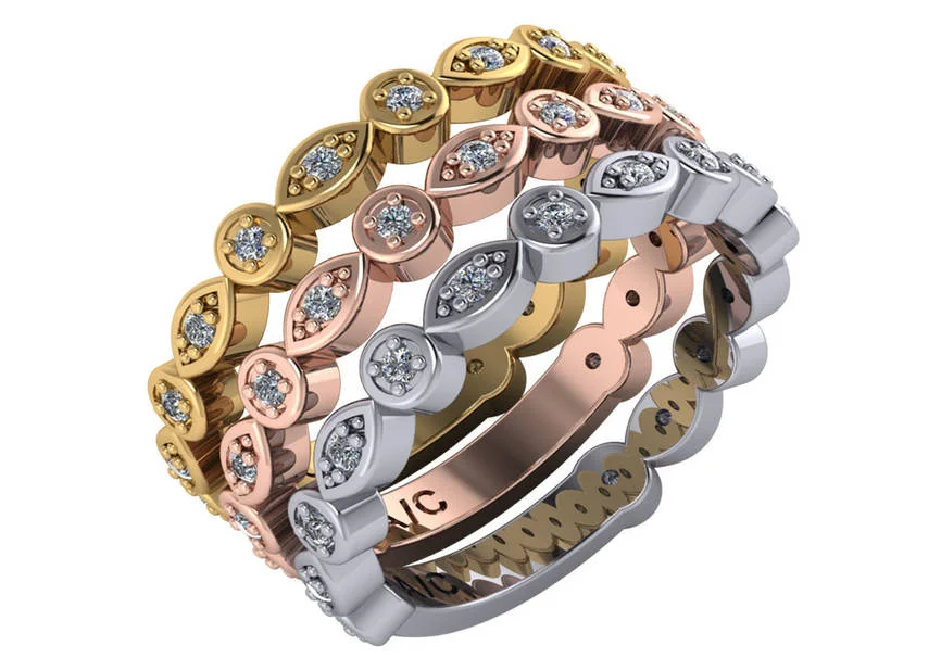 14K Marquis, Round Diamond Stack Ring .15 each ring