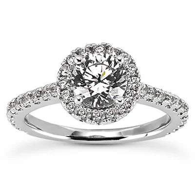 14k White Gold Halo Engagement Ring Mounting for Round Diamond