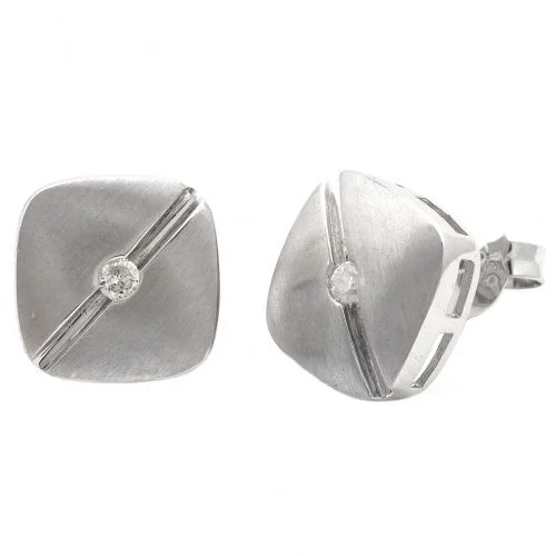 14K White Gold Square Stud Earring with Bezel Diamond 