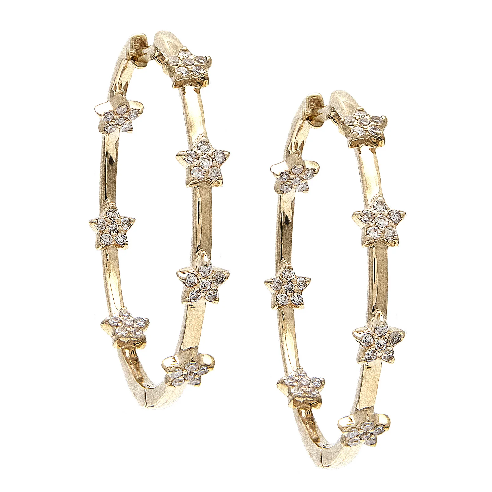 14k Yellow Gold and Diamond Star Hoops