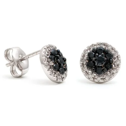 14k round black and white diamond stud