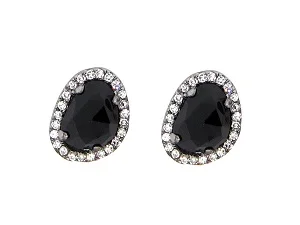 14k oval faceted black onyx and diamond halo earring stud