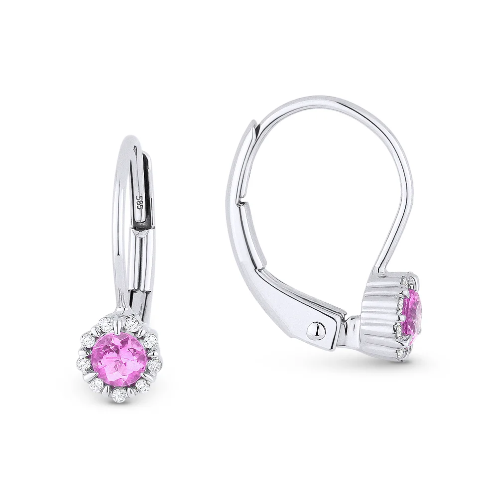 14k White Gold Diamond and Pink Corundum European wire 