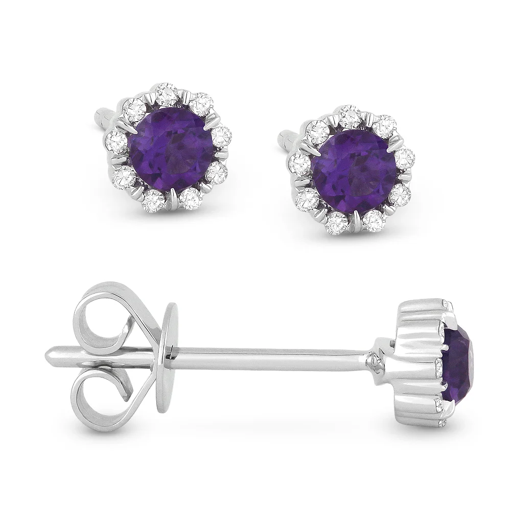 14k White Gold Diamond and Amethyst Studs 