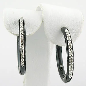Black Plated Steel and Diamond Hoop Earrings