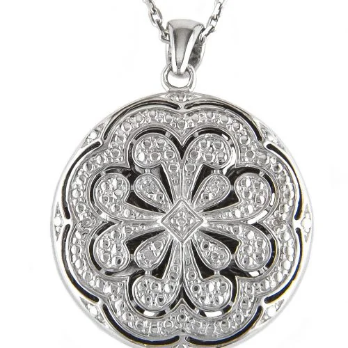 Sterling round flower shaped diamond locket with chain 