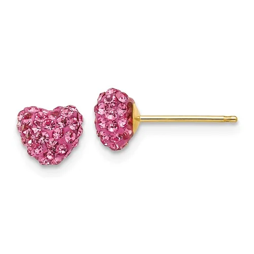 14k yellow gold pink crystal heart earrings