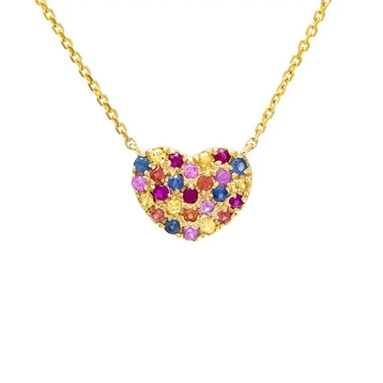 14k Yellow Gold Multi Sapphire Heart Pedant 