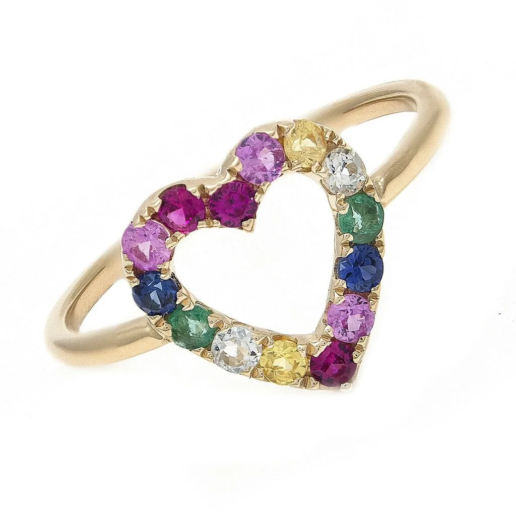 14k Yellow Gold Heart Multi Sapphire Ring 
