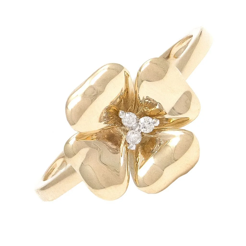 14k Yellow Gold Flower Ring with Diamond Center 