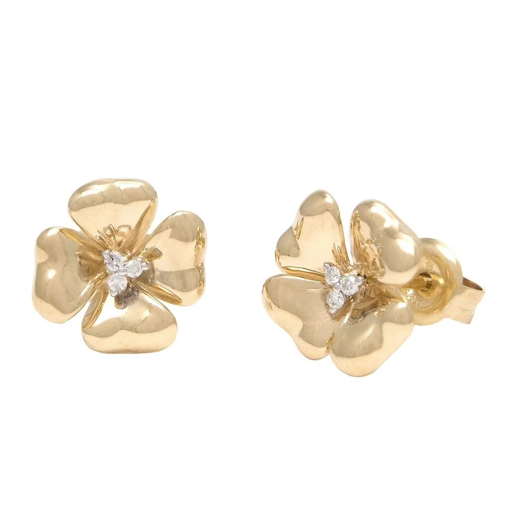 14k Yellow Gold Flower Earrings with Diamond Center 