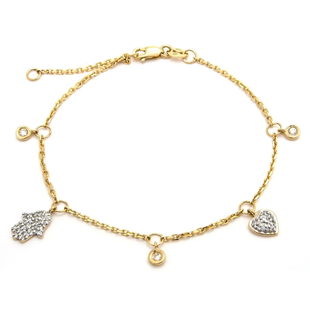 14K Yellow Gold Hamsa and Diamond Charm Bracelet 