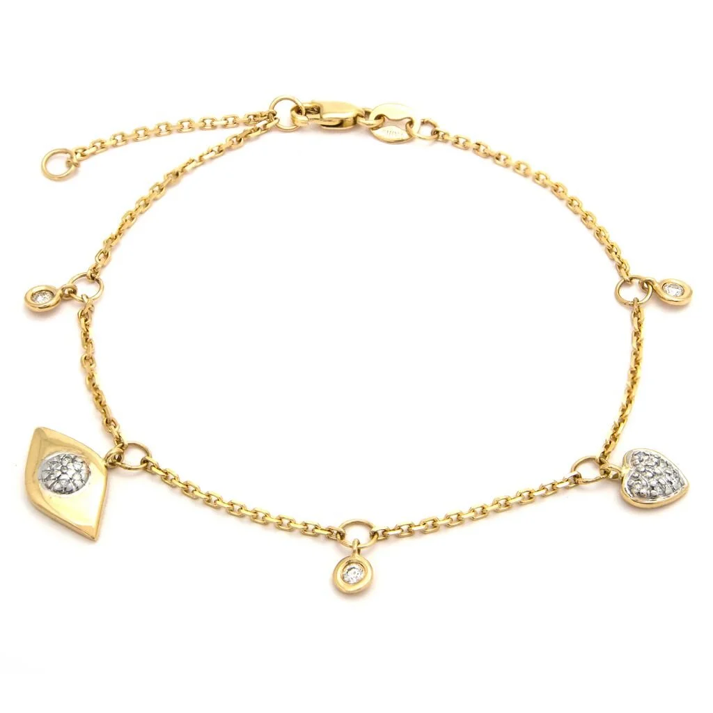 14k Yellow Gold Evil Eye and Diamond charm Bracelet