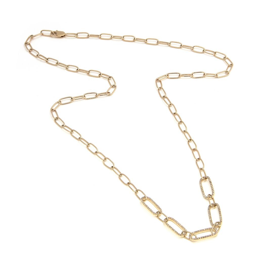 paper clip necklace with 5 diamond sections