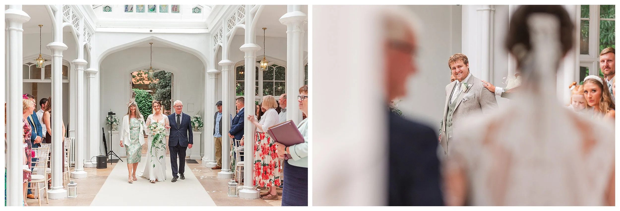 Two seperate photos of a bride walking towards her groom accompanied by her father, the other photo is the grooms reaction