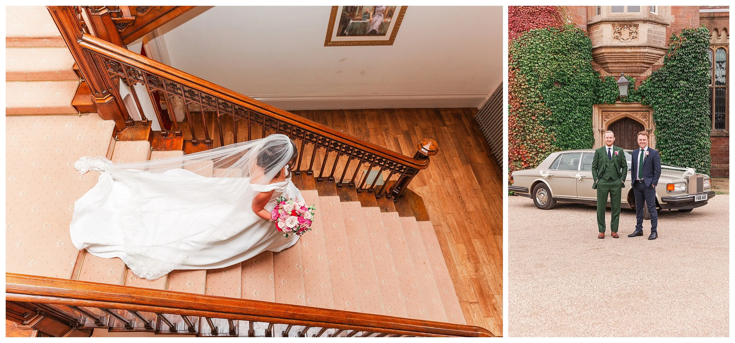 A bride walking down a grand wooden staircase