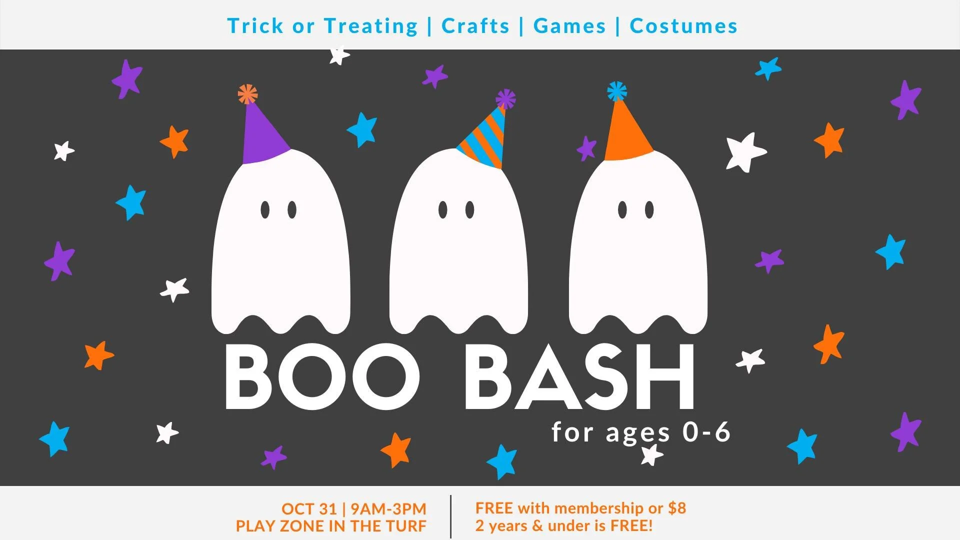 Boo Bash for ages 0 - 6 years - Spray Lakes Sawmill Family Recreation CentreThursday, October 31 from 9am to 3pmFree with membership or $82 years and under is Free!