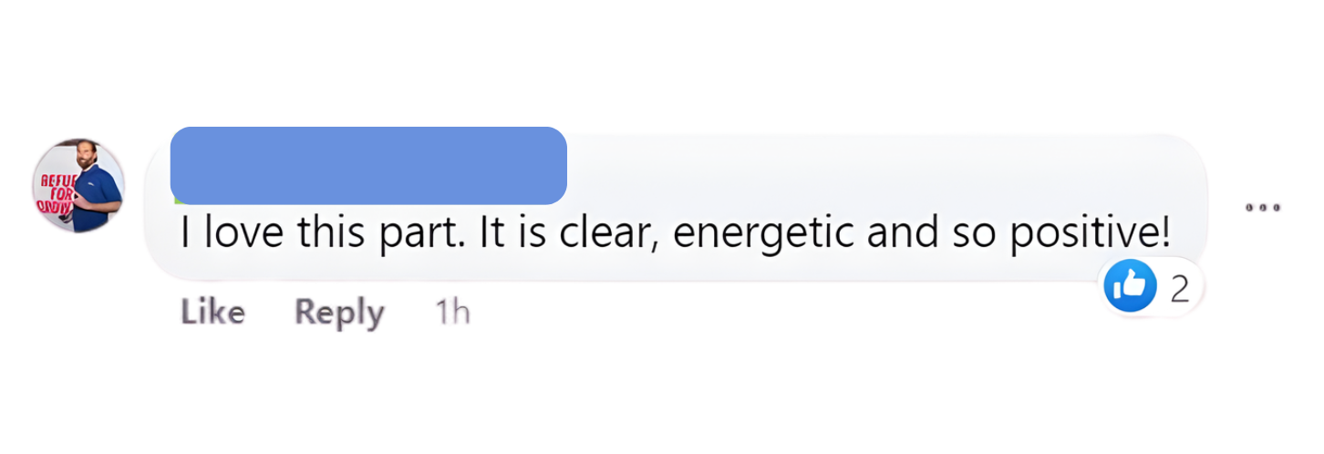 Testimonial comment 'I love this part. It is clear and positive.'