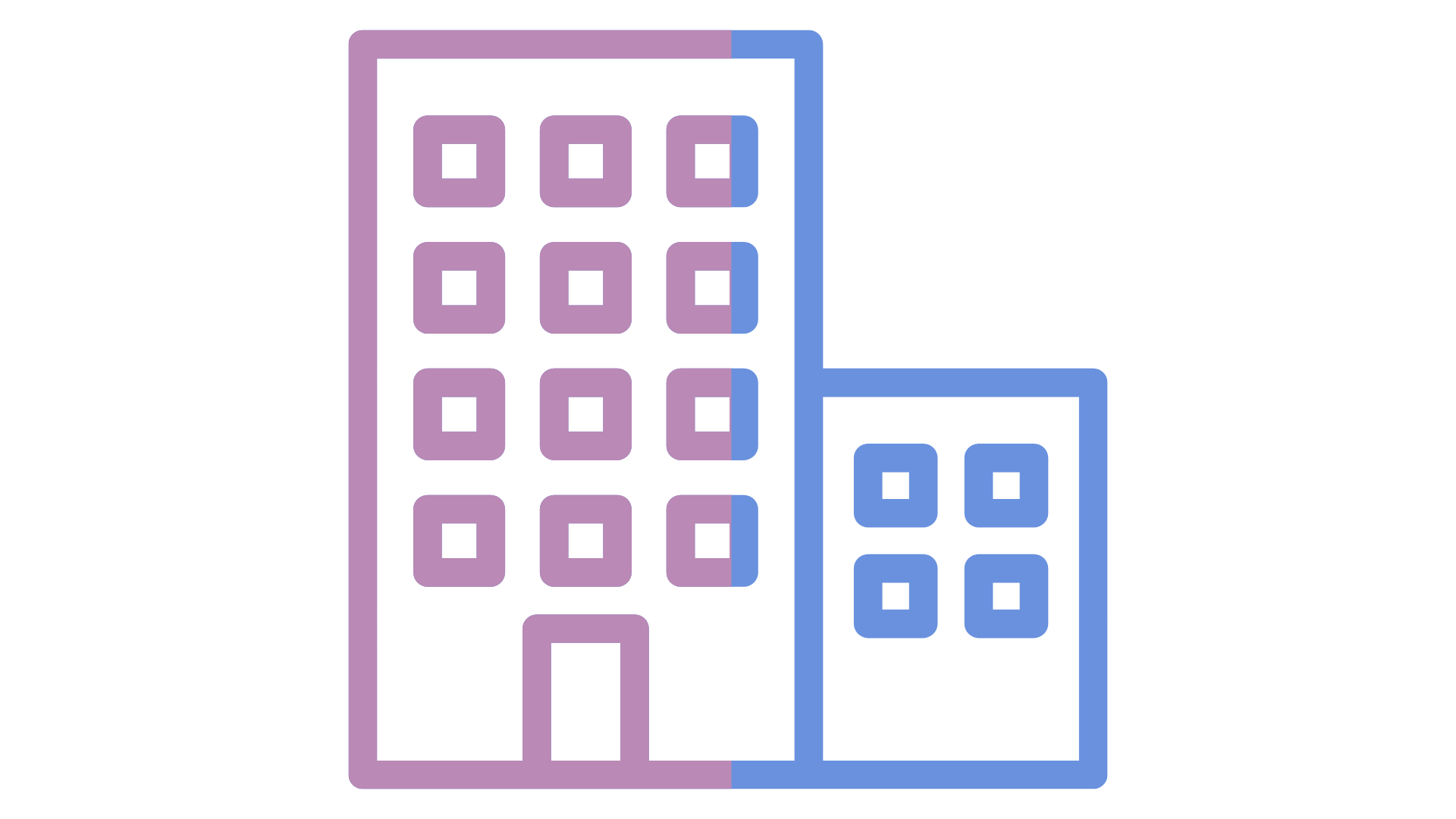 Purple and blue icon of an office building signifying an organisation as a whole
