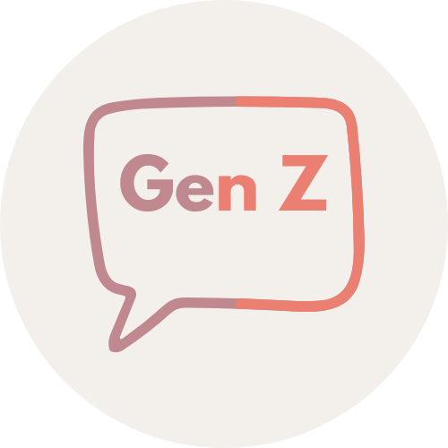 Icon of a speech bubble in brown and orange with the words Gen Z inside