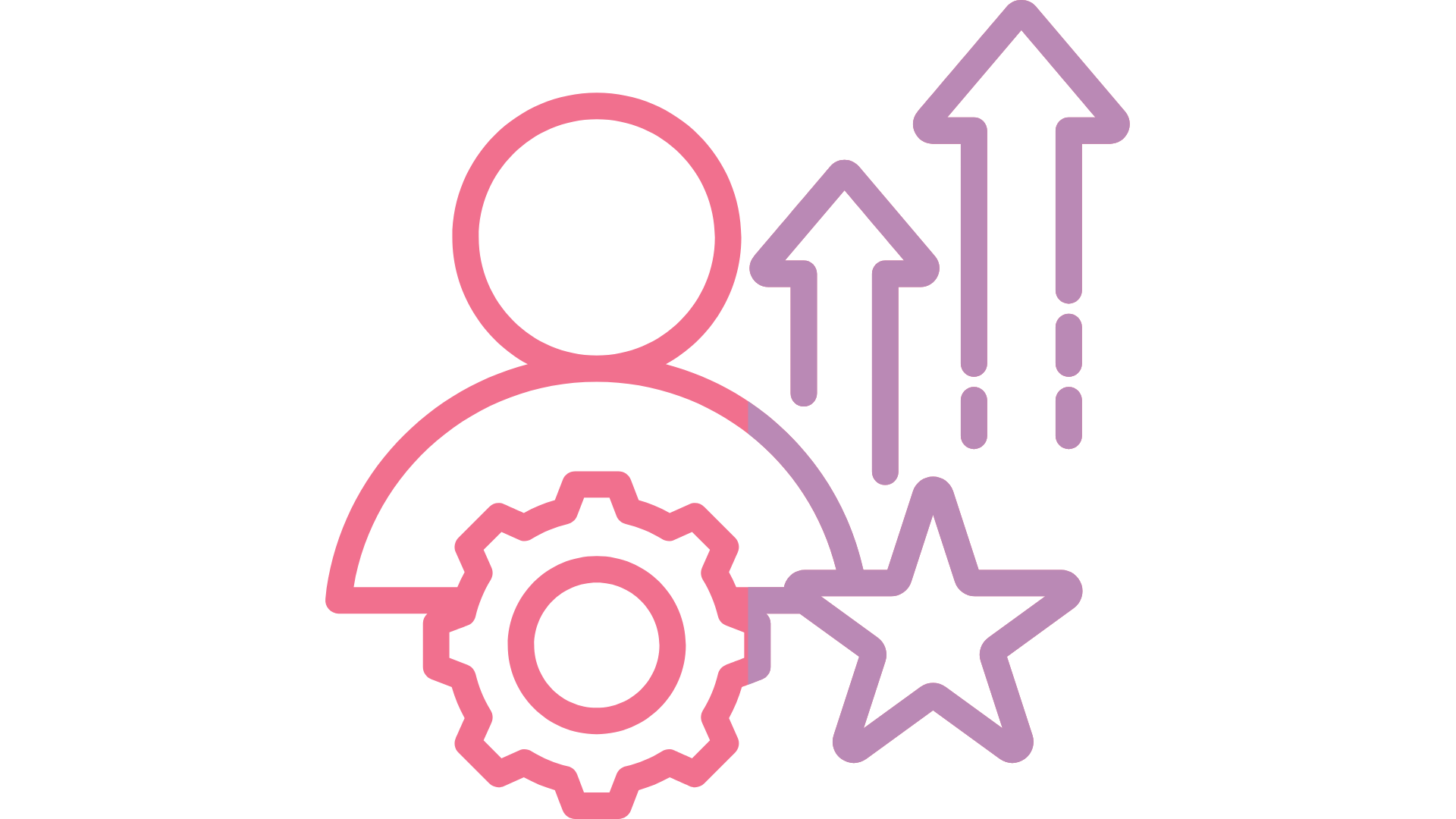 Icon in pink and purple of a human profile with a star and arrows pointing up, signifying potential